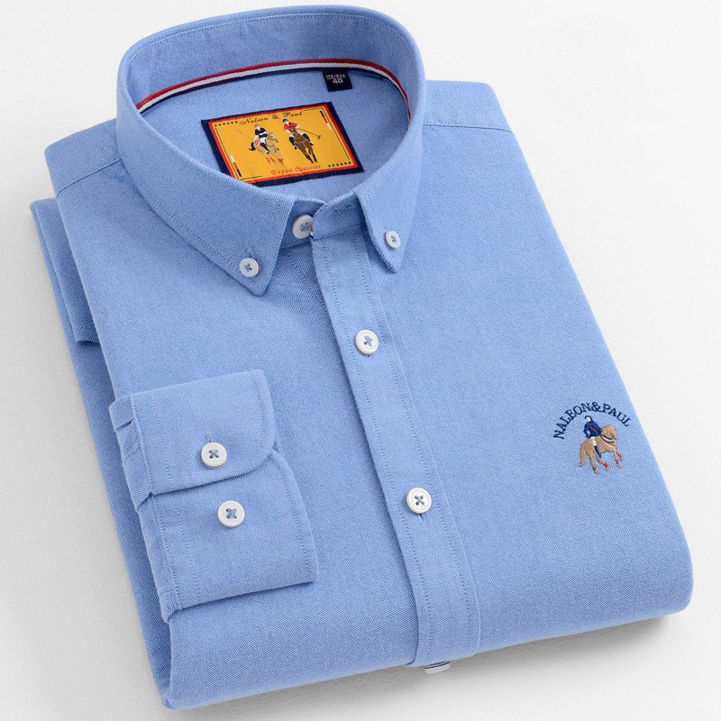 保罗牛津纺纯棉磨毛长袖衬衫男士春秋中青年时尚百搭纯色休闲衬衣