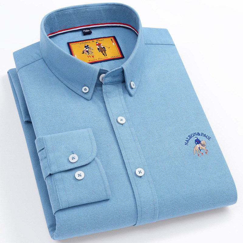 保罗牛津纺纯棉磨毛长袖衬衫男士春秋中青年时尚百搭纯色休闲衬衣