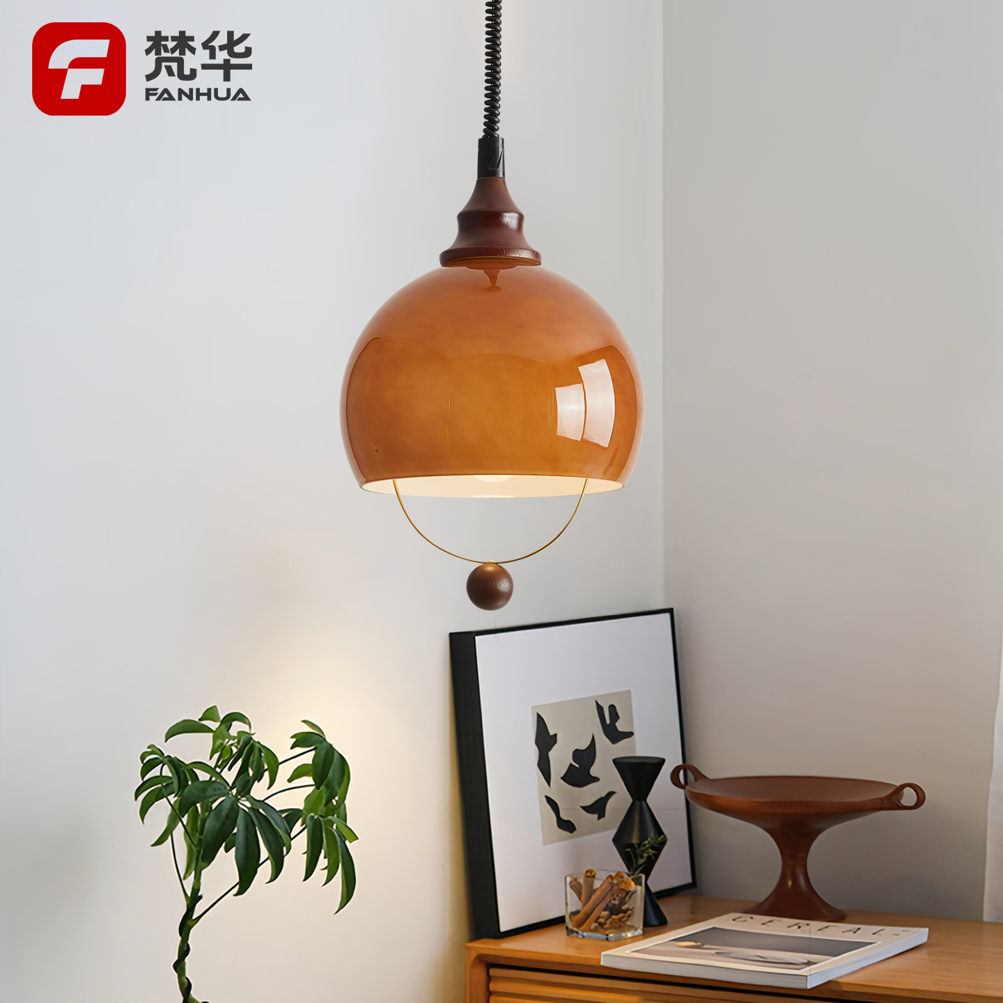 梵华 中古vintage饭厅吊灯可升降玻璃吧台茶室餐桌覆古吊灯侘寂风