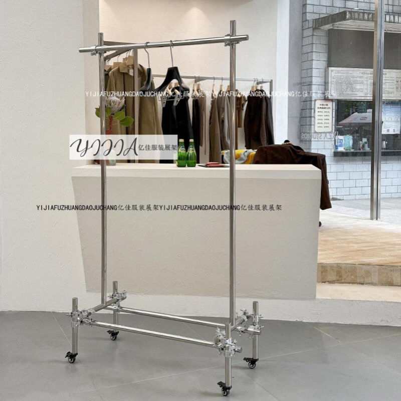 服装店展示架落地式挂衣架不锈钢货架带轮可移动中岛工业风脚手架