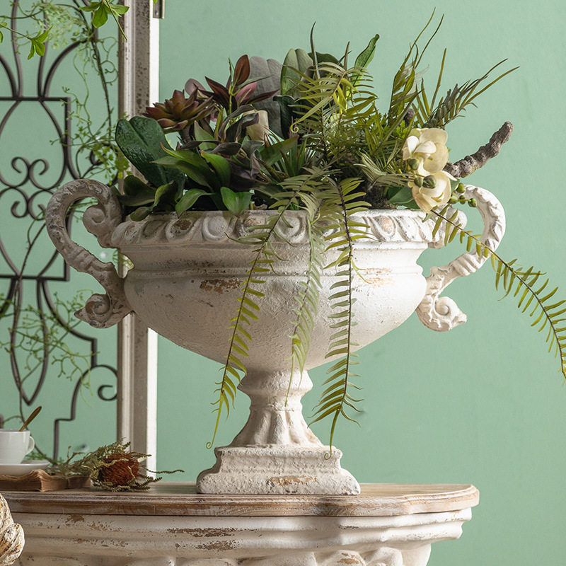 法式复古白色花器花艺插花瓶雕花商场装饰花盆家居酒店桌花摆件