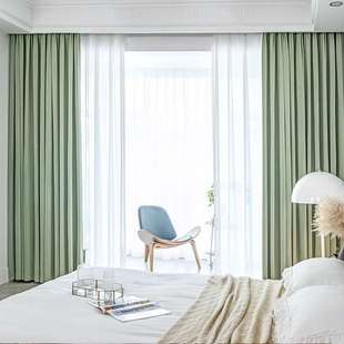 现代简约时尚奢华客厅卧室卧室人字纹绒布单色遮阳成品窗帘绿色