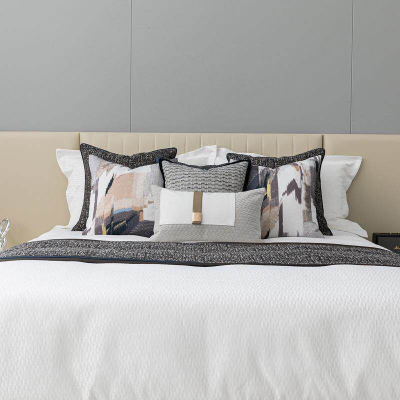 轻奢新中式酒店样板间床品软装多件套咖色小肌理床旗床尾巾床靠枕