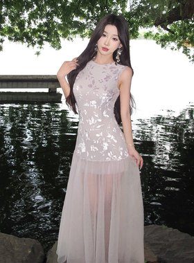 实拍缪斯女神高级不撞款紫色吊带连衣裙女夏款薄纱裙子长裙