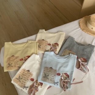 夏上新简约日常休闲小熊图案蝴蝶结宽松小众短袖 针织上衣 T恤韩版