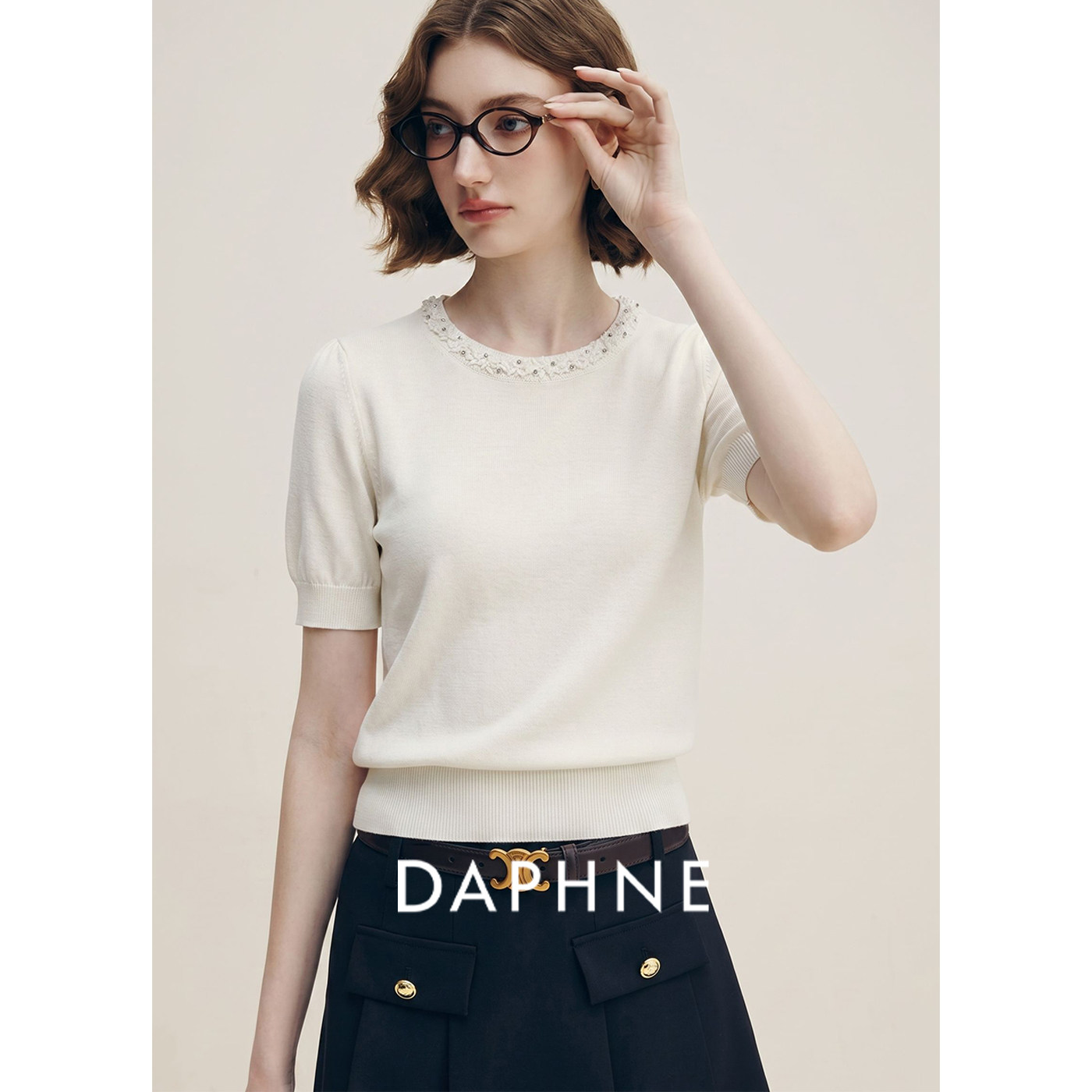Daphne达芙妮天丝极简风冰丝短袖针织衫女夏圆领钉珠修身T恤上衣