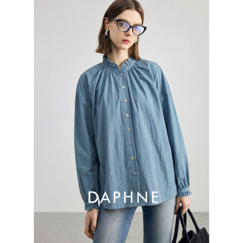 Daphne达芙妮匹马棉法式复古木耳边立领衬衫女2026春宽松长袖衬衣