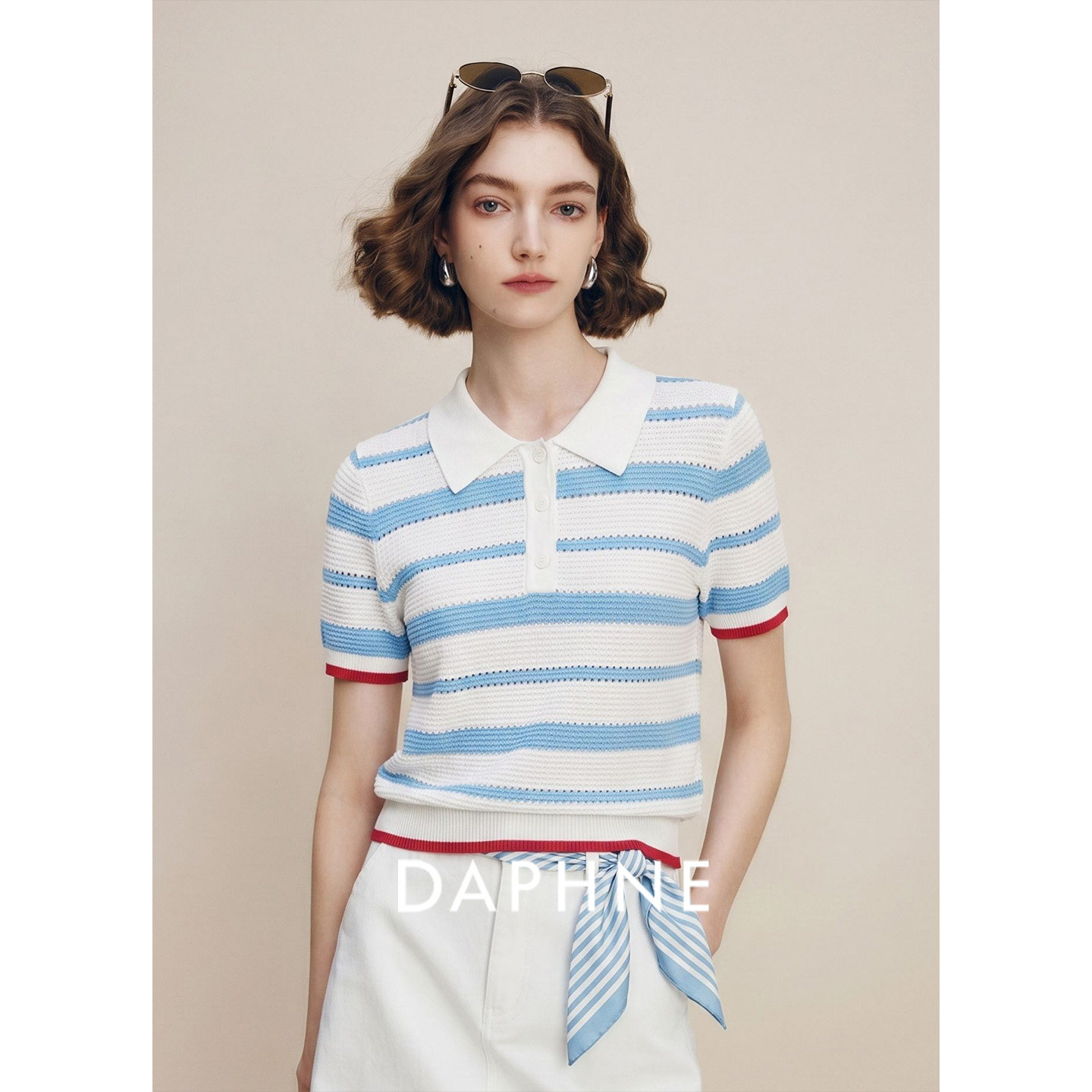 Daphne达芙妮天丝法式polo领条纹短袖针织衫女夏新款显瘦T恤上衣图片