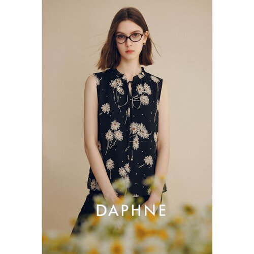 Daphne达芙妮匹马棉复古风小雏菊印花绑带无袖衬衫女夏季显瘦上衣