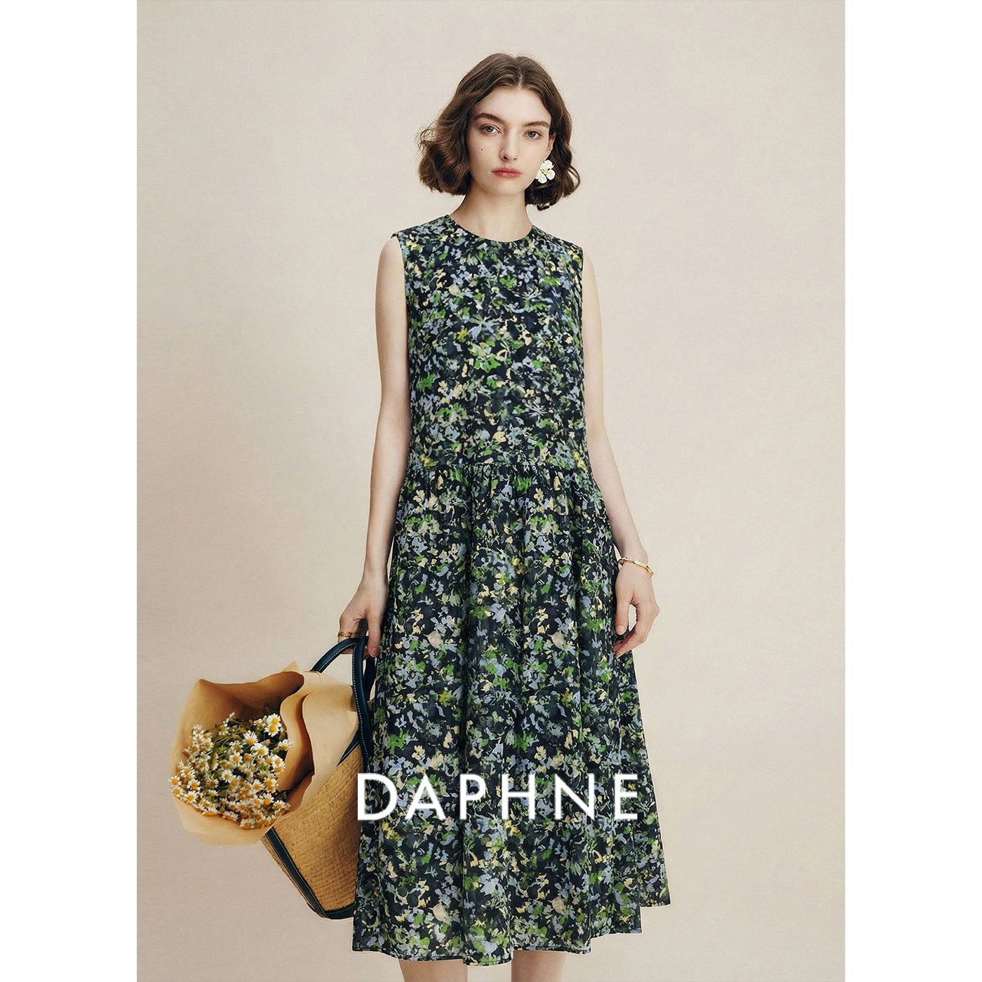 Daphne达芙妮文艺碎花无袖连衣裙女夏季通勤休闲百搭中长款背心裙