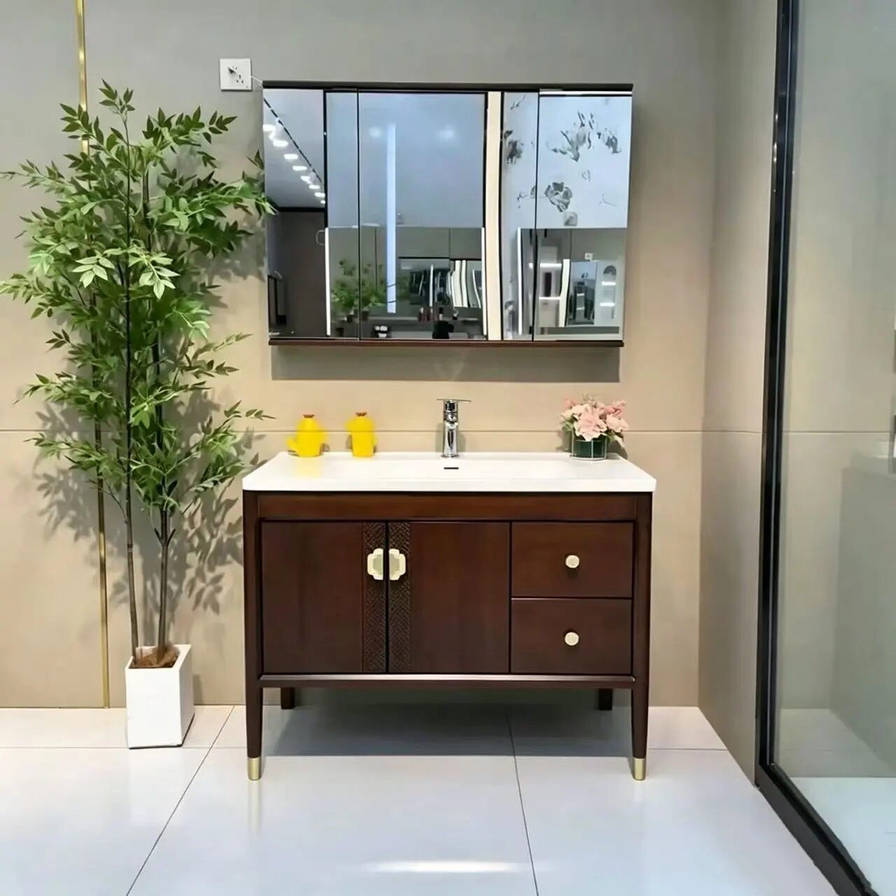 橡木浴室柜组合宋式中古风智能风水镜折叠家用卫浴陶瓷一体洗脸盆