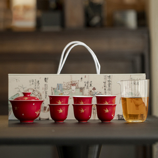 整套功夫茶具套装烫金蝴蝶家用盖碗套组礼盒装结婚敬茶杯喜事茶杯