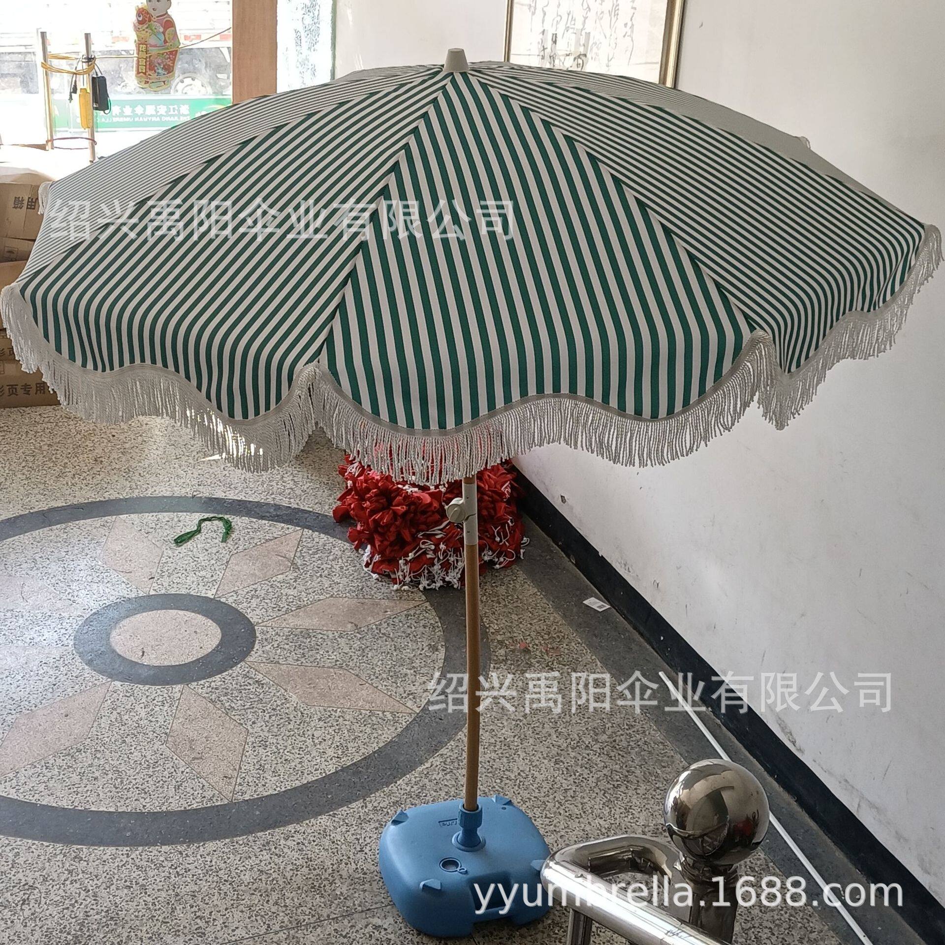 绿色条纹海滩伞中柱大花园摆摊太阳伞庭院折叠遮阳沙滩伞促销包邮
