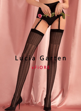 Fiore 30D竖条纹提花吊带长筒袜女黑色显瘦修腿神器