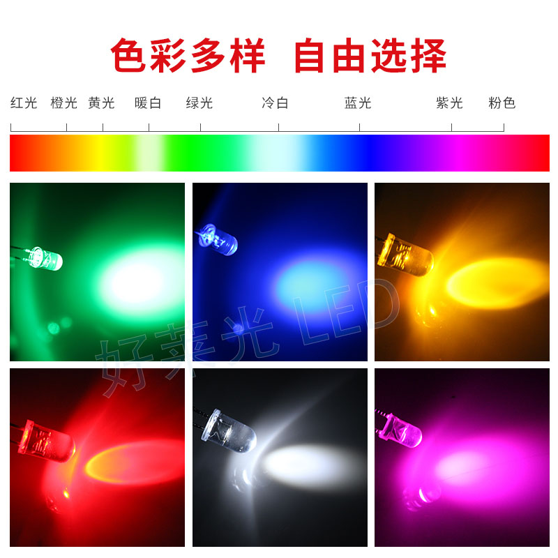 发光二极管F5/5mm 圆头鼠标长脚 高亮白光红蓝绿黄直插LEDled灯珠