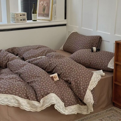 A类全棉母婴双层纱复古秋冬美拉德色系法式浪漫纯棉床上四件套1.8