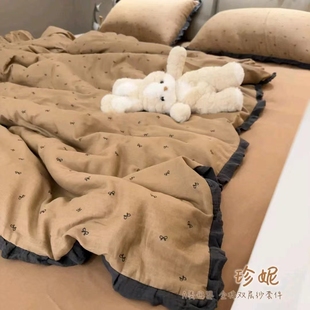 A类母婴美拉德色系皱皱花边全棉碎花有氧双层纱布四件套床品被套8