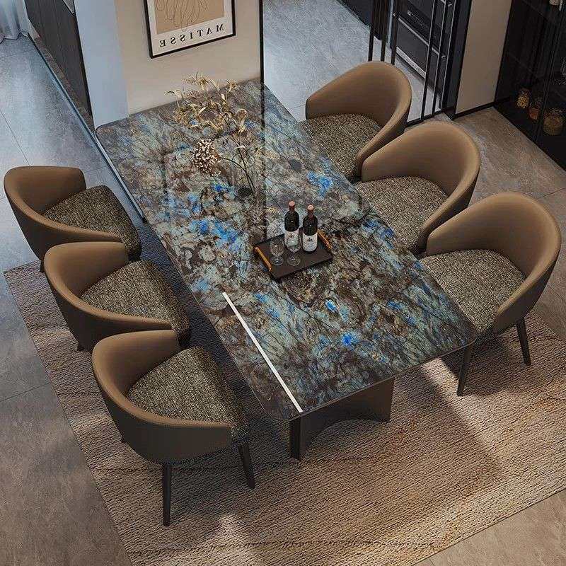 意式轻奢大理石餐桌现代简约长方形家用餐桌椅组合小户型不锈钢