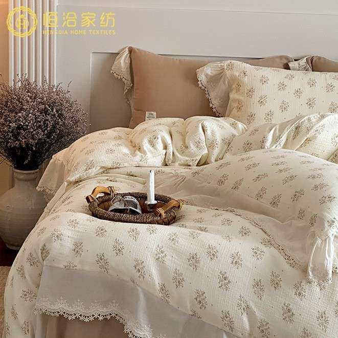 法式双层皱皱纱全棉碎花四件套纯棉透气韩式边被套床上用品白蓝色