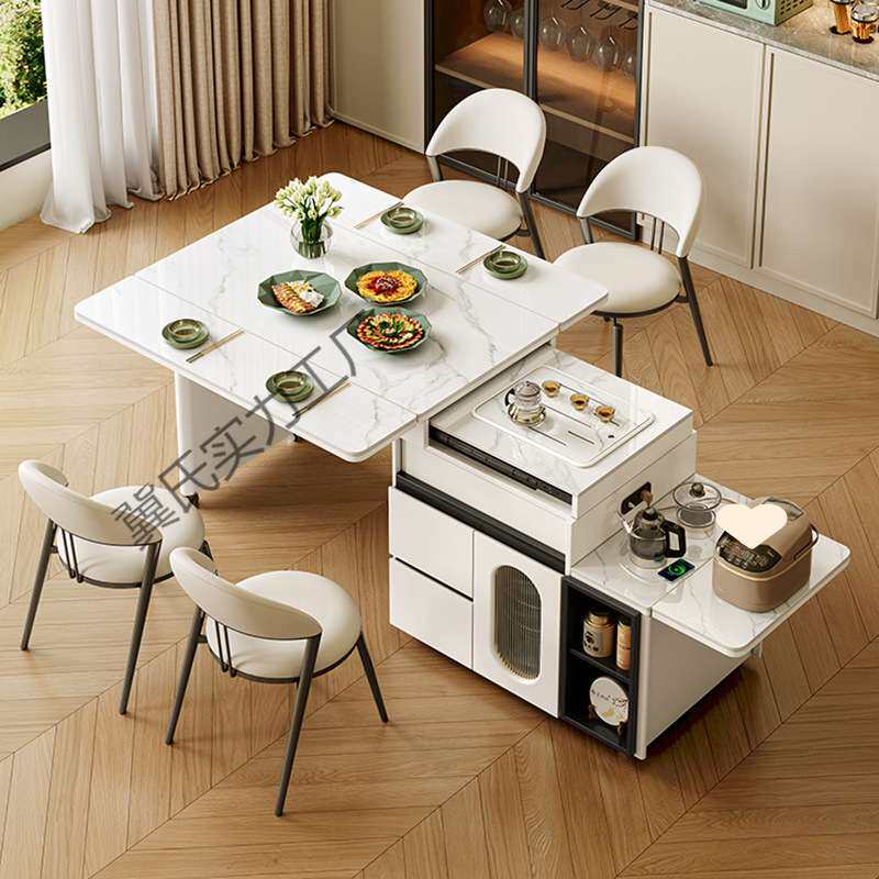 小户型岩板餐桌椅组合家用移动伸缩折叠饭桌中岛台拉伸餐茶桌一体
