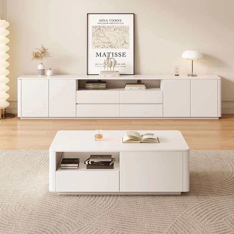 奶油风实木落地电视柜客厅家用小户型茶几高款双层加宽台面电视柜