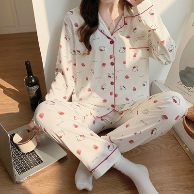 睡衣女春秋云朵棉翻领开衫长袖宽松甜美家居服套装xt