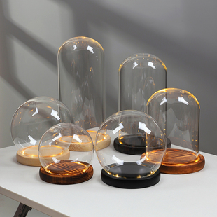 永生花玻璃罩发光底座带灯diy手办盲盒微景观玩偶防尘摆件玻璃罩