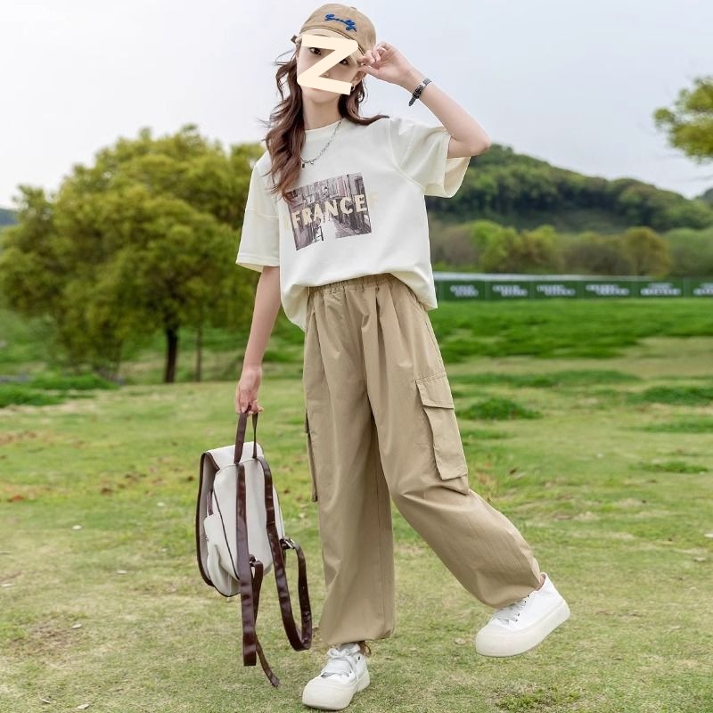 女童夏季薄款工装裤套装2024新款中大童短袖T恤长裤运动两件套潮
