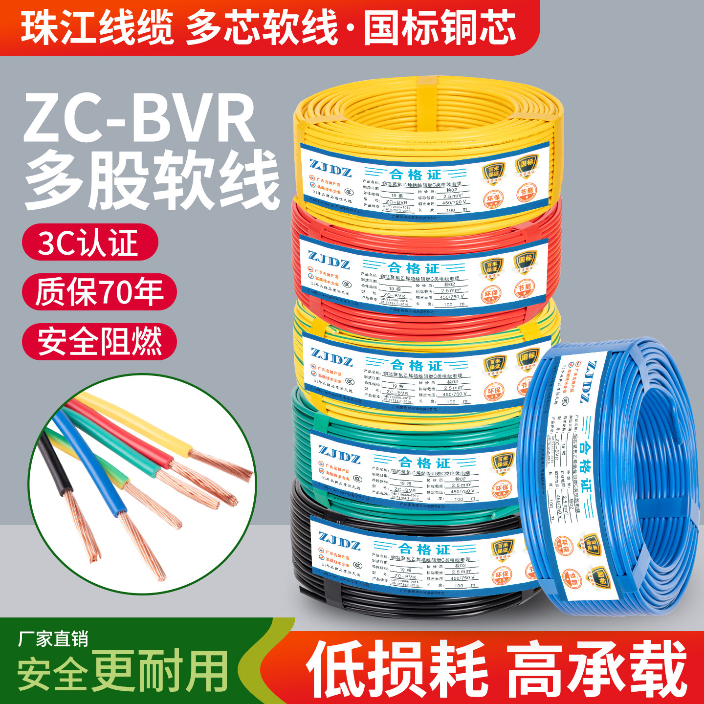 珠江电线BV11.5 2.5 4 6平方阻燃纯铜国标单股铜线单芯线铜芯硬线
