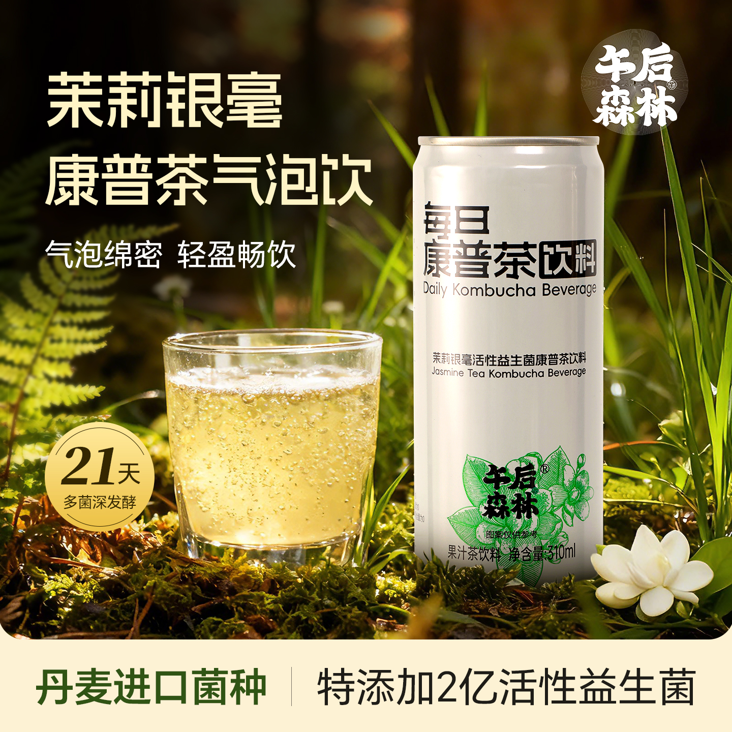 午后森林茉莉康普茶活性益生菌发酵原液气泡水310ml/罐解腻茶饮料
