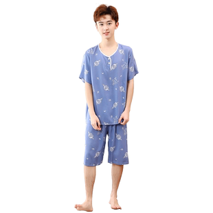 男士大童初中学生睡衣套装夏季薄款棉绸大码青少年绵绸空调家居服