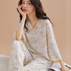 2025新款睡衣女套装夏季薄款中长袖长裤新中式国风棉绸妈妈家居服