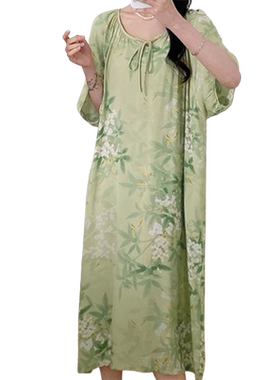 新中式国风棉绸睡裙女夏天旗袍气质睡衣系带度假印花绵绸中长裙子