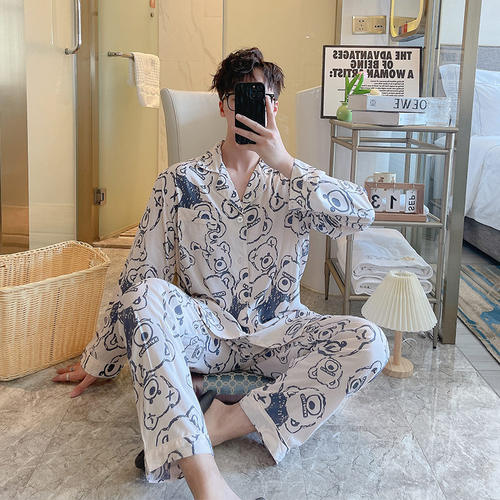 男士棉绸夏季薄款开衫睡衣套装