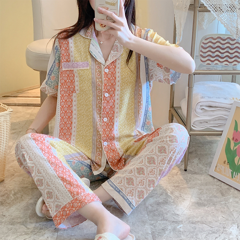 夏天棉绸睡衣女春秋款短袖长裤开衫两件套装少女绵绸家居服人造棉