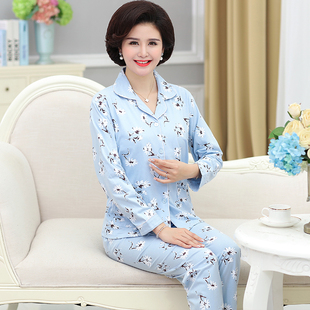 家居服套装 青年妈妈睡衣女春秋季 翻领全棉中老年大码 纯棉长袖 开衫