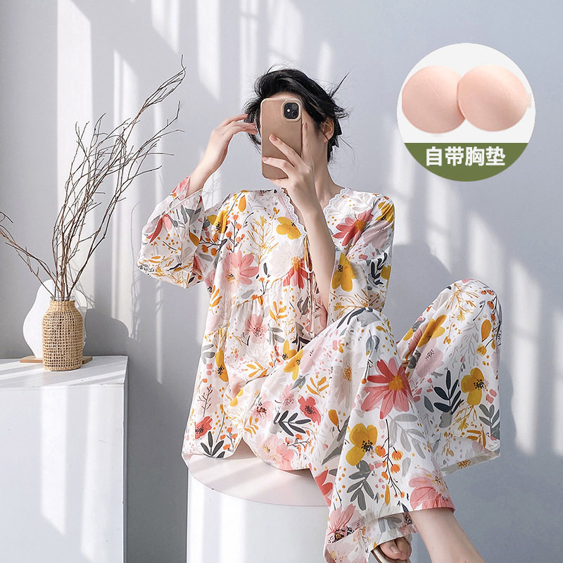 棉绸睡衣女春秋款长袖大尺码长裤套装带胸垫网红V领蕾丝家居服夏