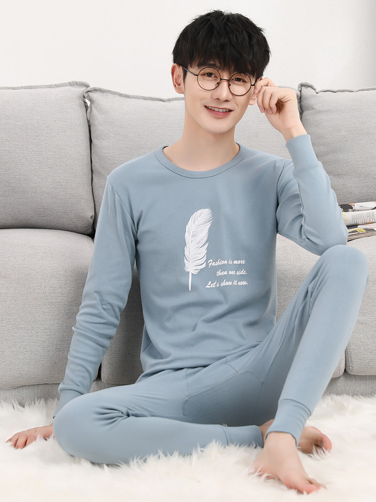 青少年秋衣秋裤套装男青年纯棉保暖内衣初中大童学生全棉毛衫薄款