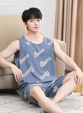 夏季男士大童无袖背心短裤棉绸睡衣套装青年爸爸绵绸家居服可外穿