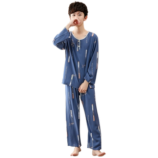 夏季青少年绵绸套装棉绸睡衣男士空调家居服薄款大童学生长袖男童