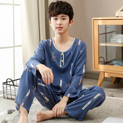 棉绸空调大童中学生男士睡衣套装