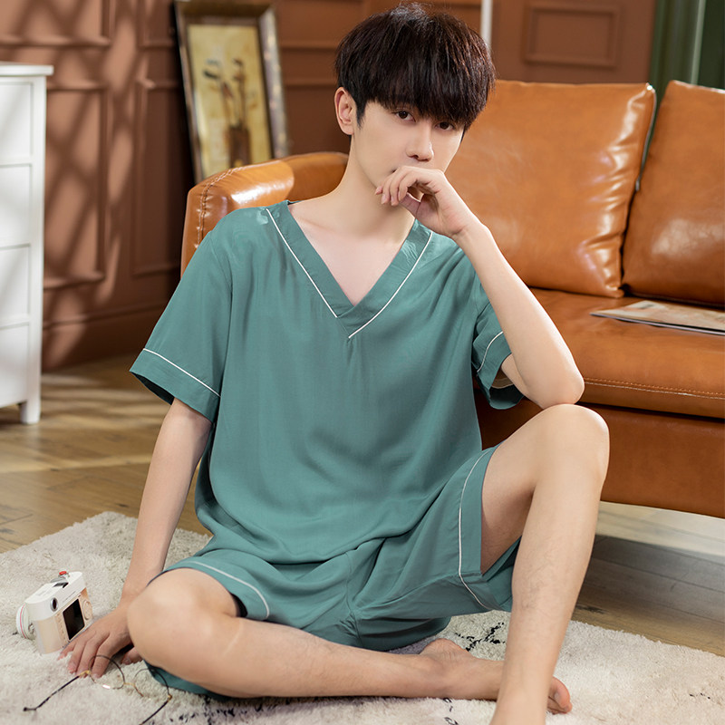 青少年棉绸短袖短裤夏季空调家居服套装绵绸薄款人造棉男士睡衣