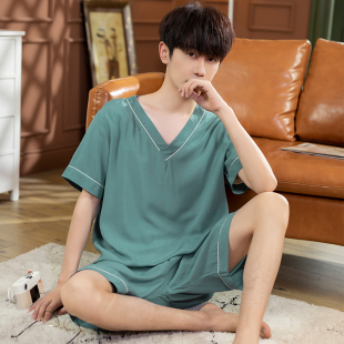 青少年棉绸短袖短裤夏季空调家居服套装绵绸薄款人造棉男士睡衣