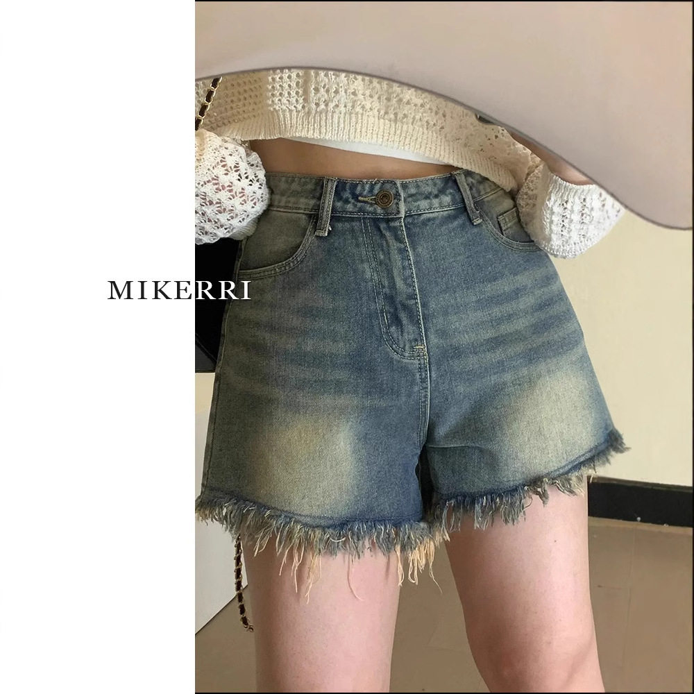 小众复古毛边牛仔短裤女大码胖mm