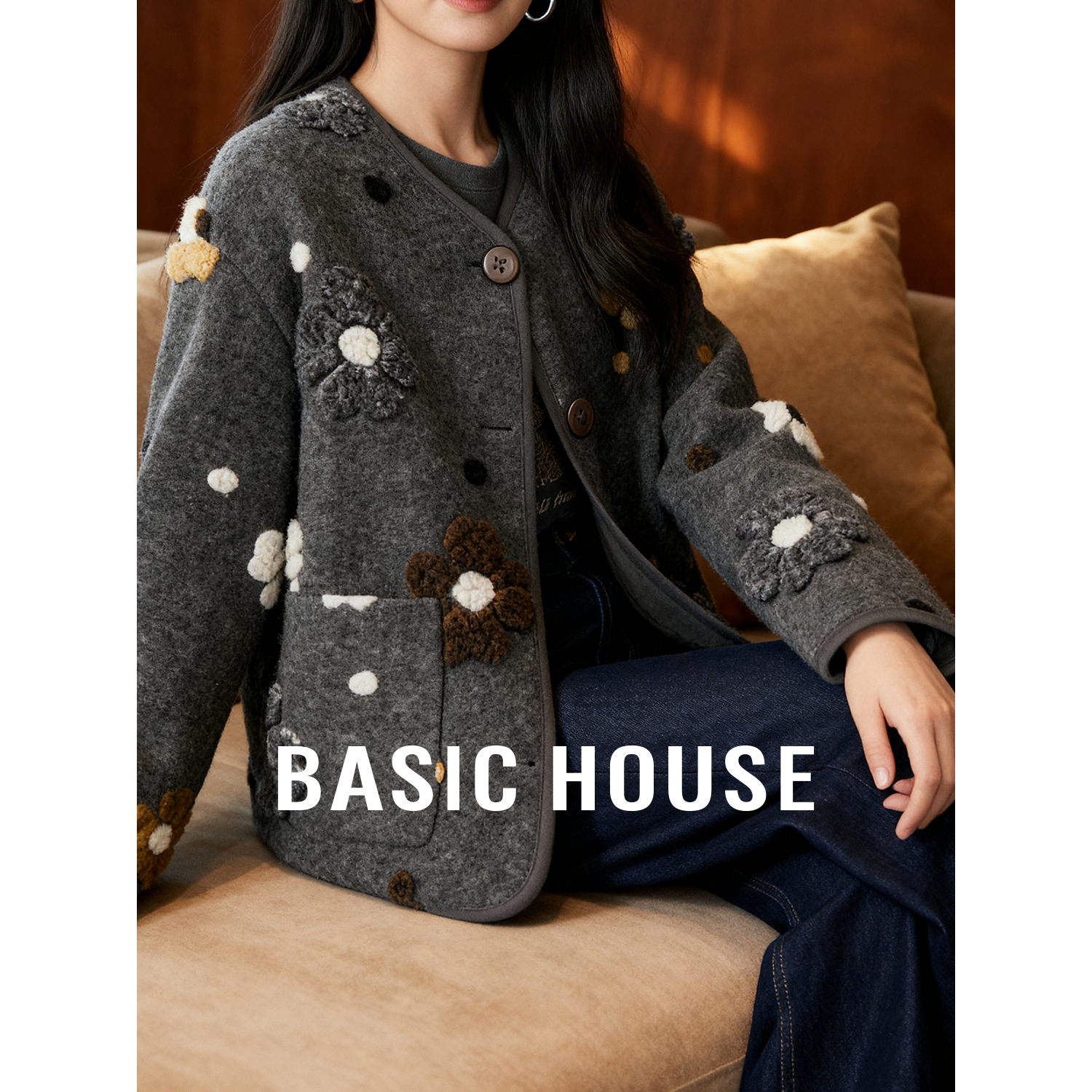 Basic House/百家好立体花朵绵羊毛外套时尚潮流新款白鸭绒羽绒服