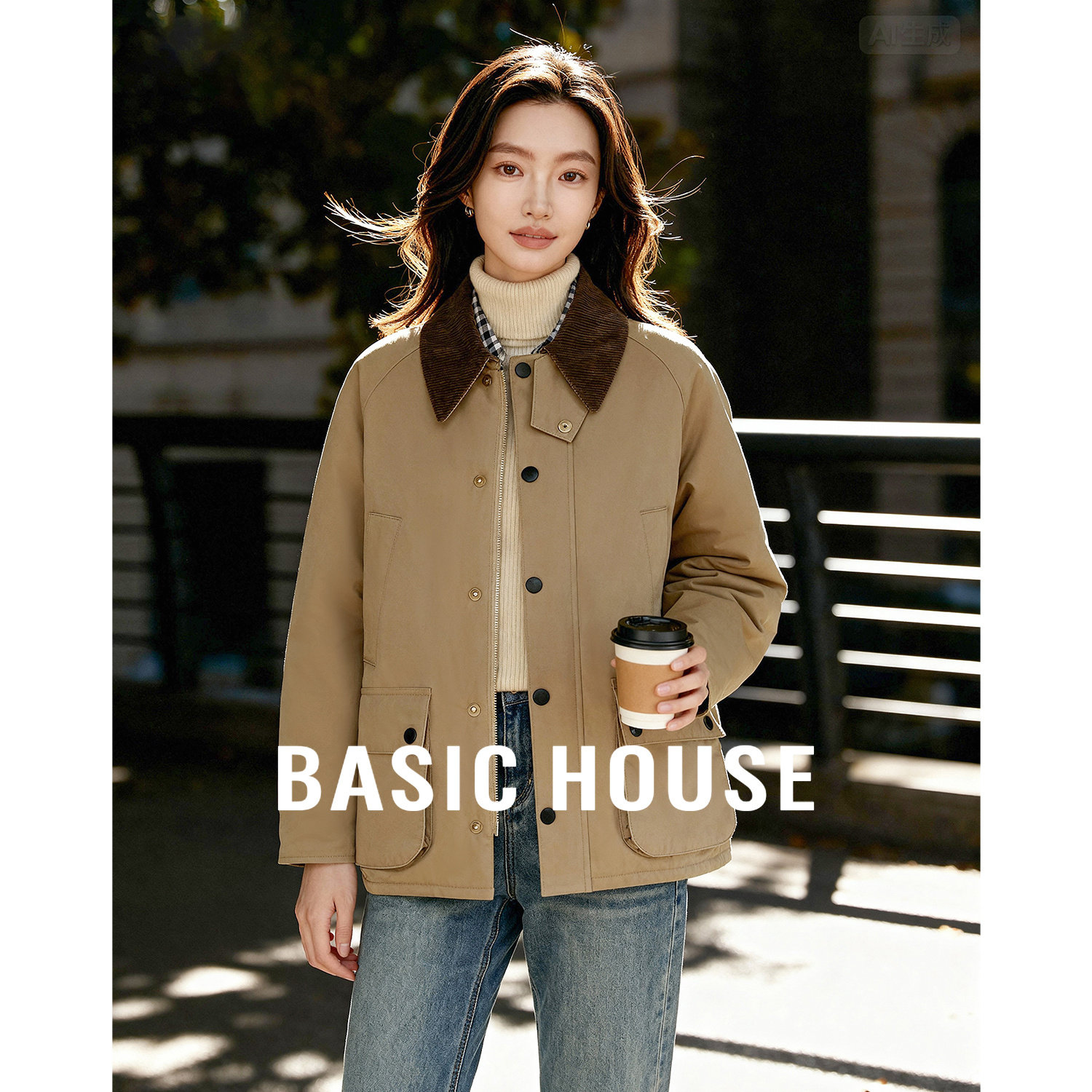 Basic House/百家好灯芯绒领格纹外套25冬新款工装风复古显瘦棉服