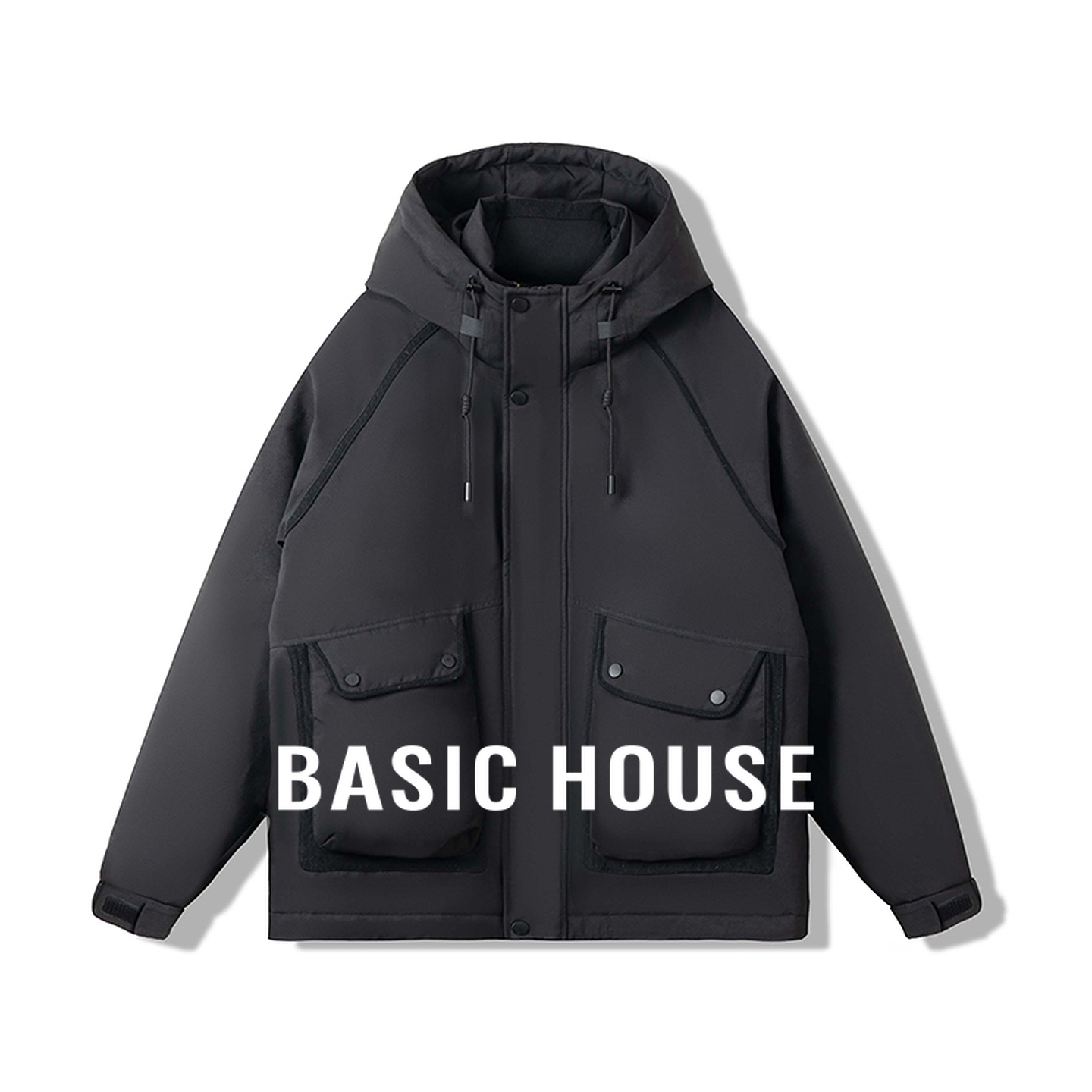 Basic House/百家好25冬新小众工装风保暖夹克外套连帽短款羽绒服