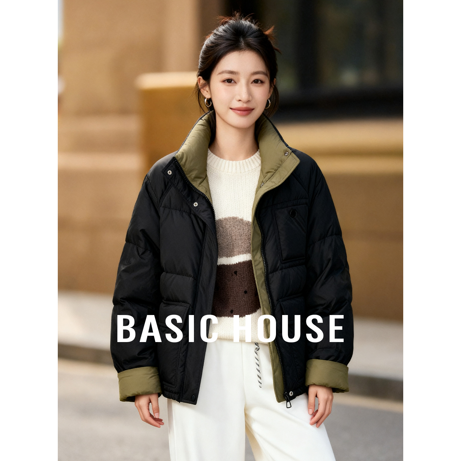 Basic House/百家好韩版撞色立领羽绒服冬季大口袋白鸭绒短款外套