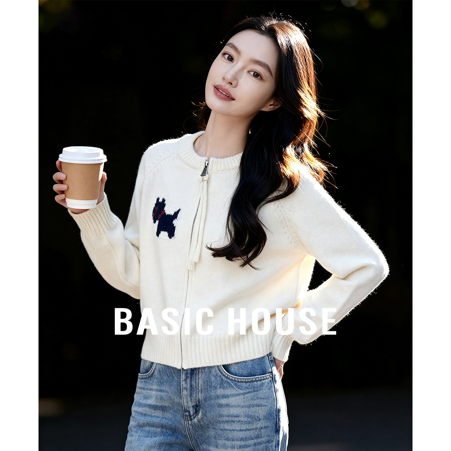 百家好小狗提花拉链开衫毛衣女2025秋冬新款减龄百搭休闲针织外套