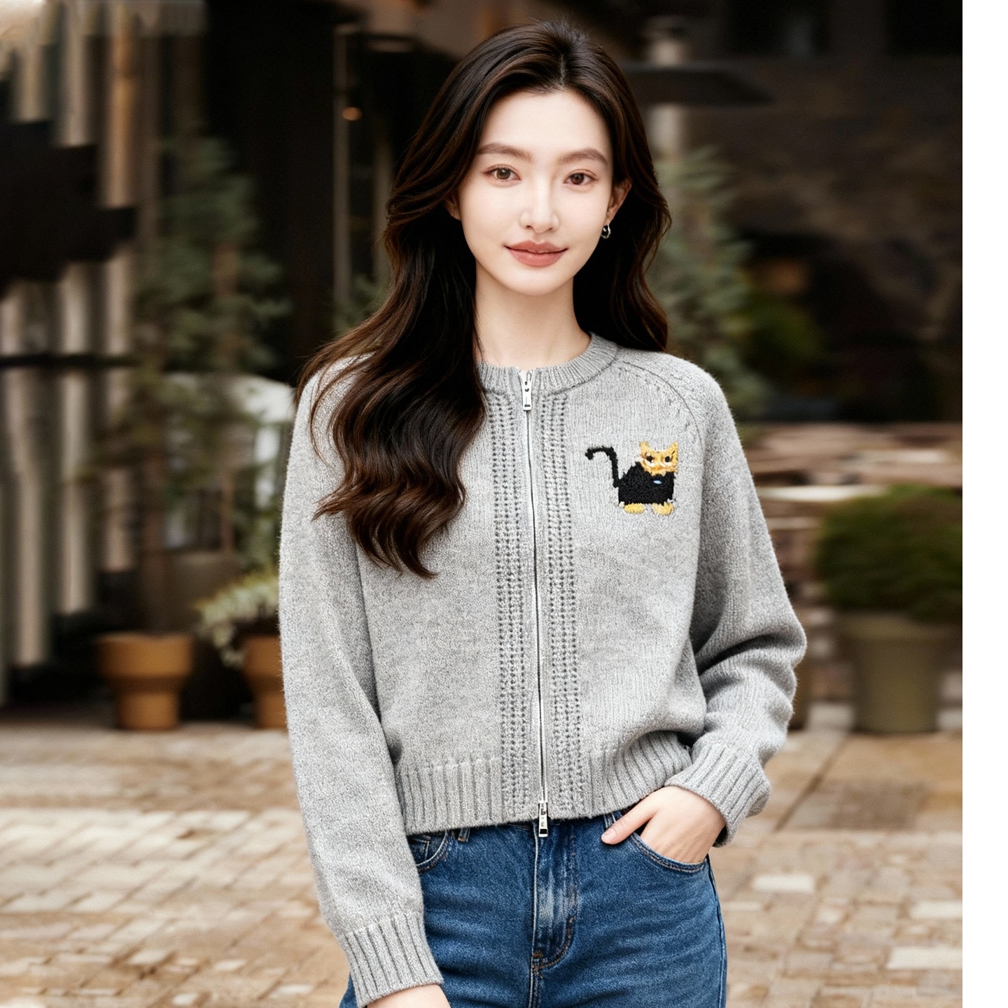 Basic House/百家好猫咪提花开衫女25冬新款软糯显瘦圆领外套毛衣